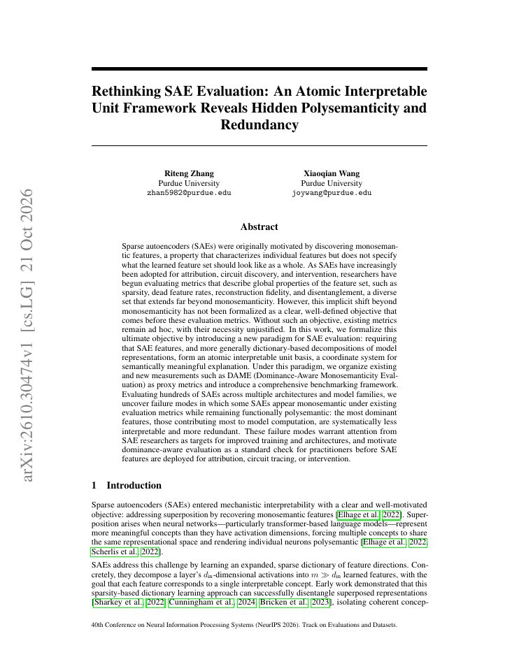 First page of Rethinking SAE Evaluation: An Atomic Interpretable Unit Framework Reveals Hidden Polysemanticity and Redundancy