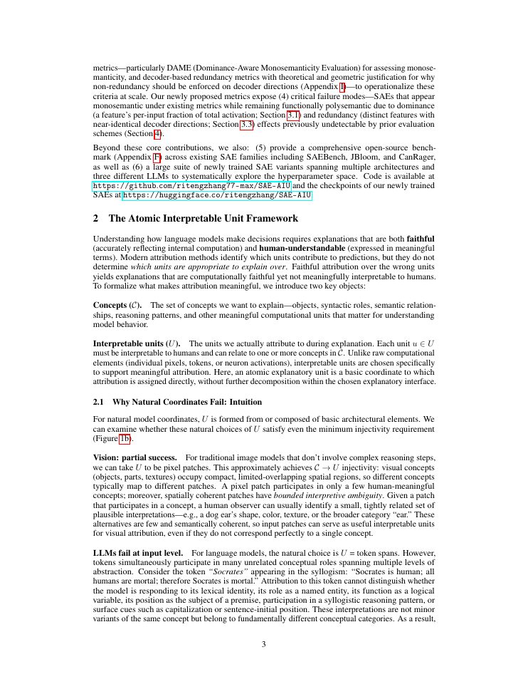 Page 3 of Rethinking SAE Evaluation: An Atomic Interpretable Unit Framework Reveals Hidden Polysemanticity and Redundancy