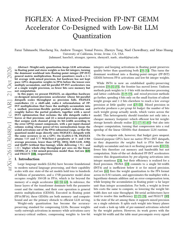 First page of FIGFLEX: A Mixed-Precision FP-INT GEMM Accelerator Co-Designed with Low-Bit LLM Quantization