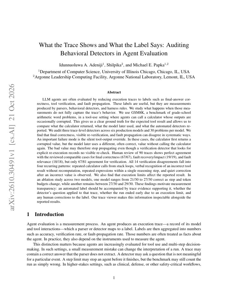 First page of What the Trace Shows and What the Label Says: Auditing Behavioral Detectors in Agent Evaluation
