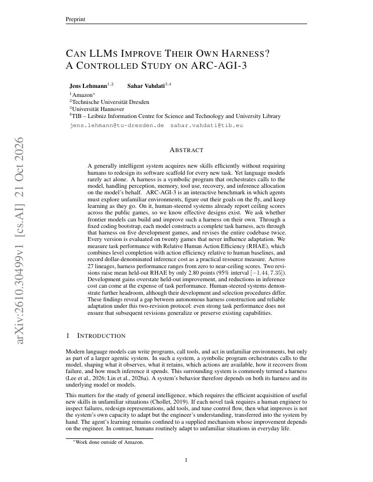 First page of Can LLMs Improve Their Own Harness? A Controlled Study on ARC-AGI-3
