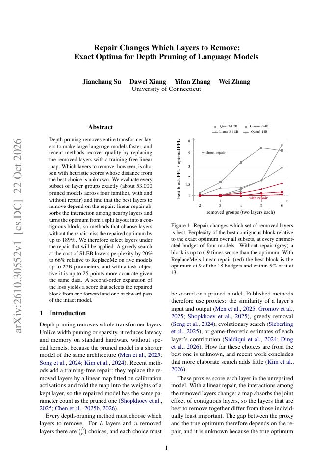 First page of Repair Changes Which Layers to Remove: Exact Optima for Depth Pruning of Language Models