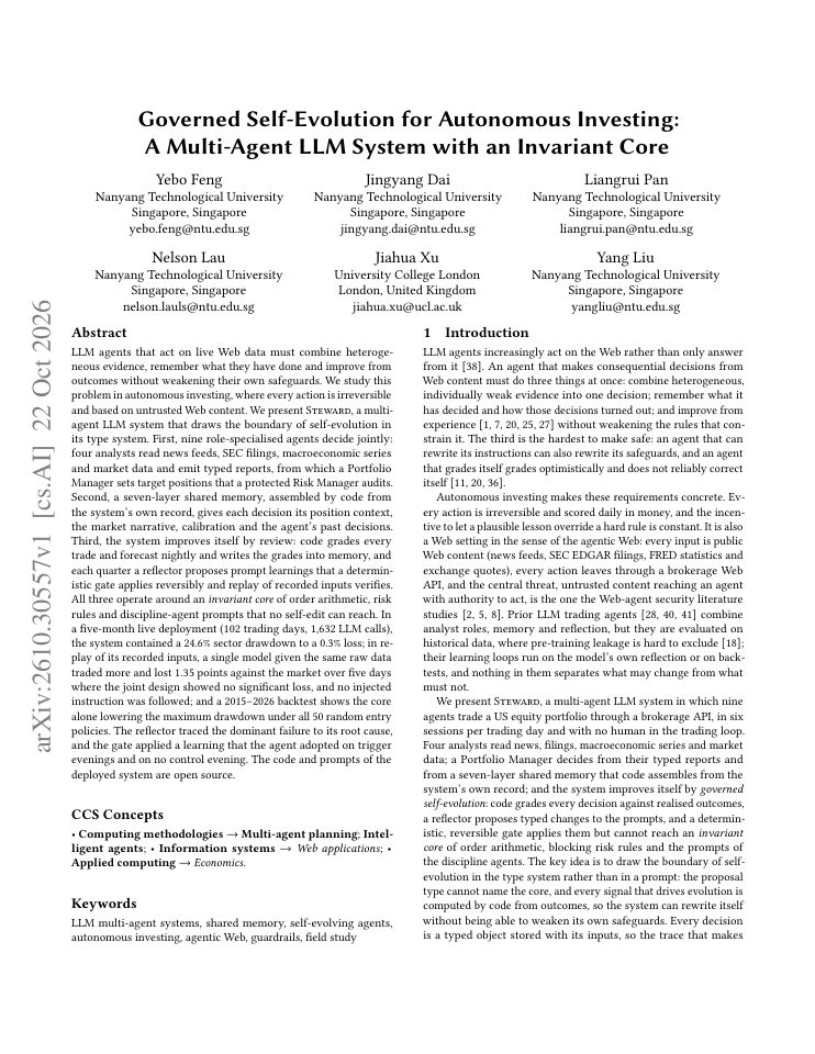 First page of Governed Self-Evolution for Autonomous Investing: A Multi-Agent LLM System with an Invariant Core