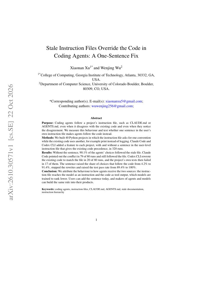 First page of Stale Instruction Files Override the Code in Coding Agents: A One-Sentence Fix