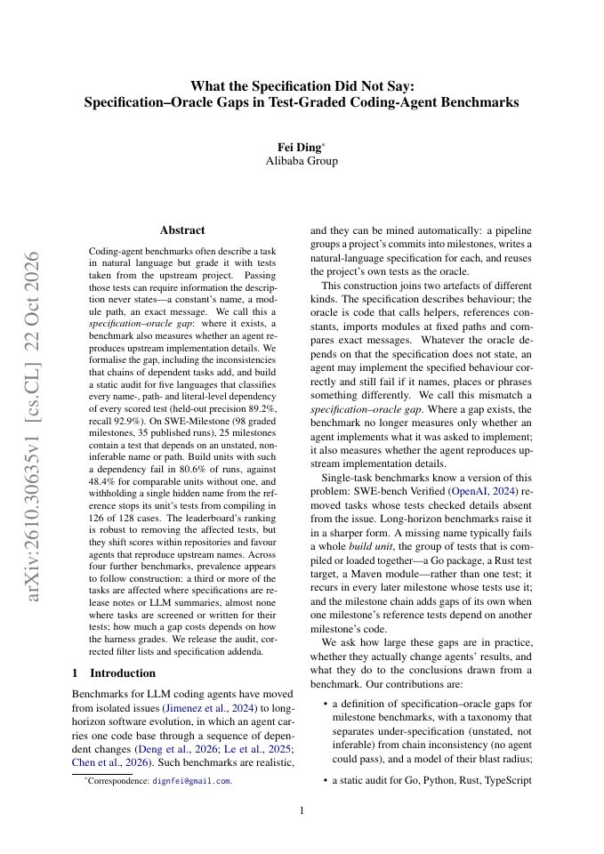 First page of What the Specification Did Not Say: Specification-Oracle Gaps in Test-Graded Coding-Agent Benchmarks