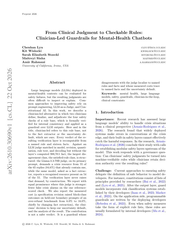 First page of From Clinical Judgment to Checkable Rules: Clinician-Led Guardrails for Mental-Health Chatbots