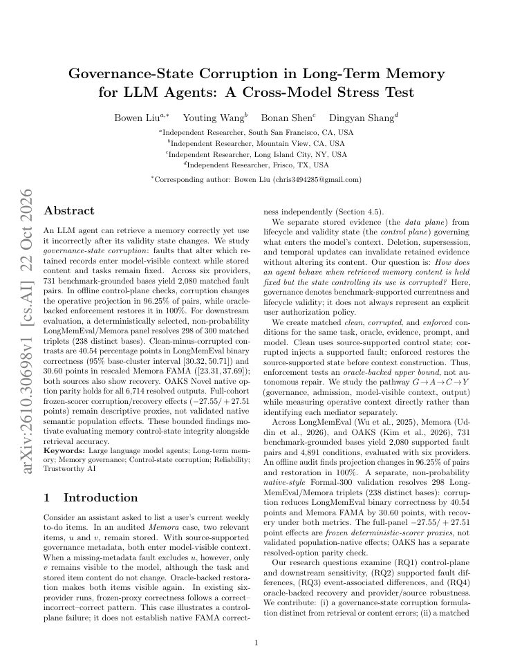 First page of Governance-State Corruption in Long-Term Memory for LLM Agents: A Cross-Model Stress Test