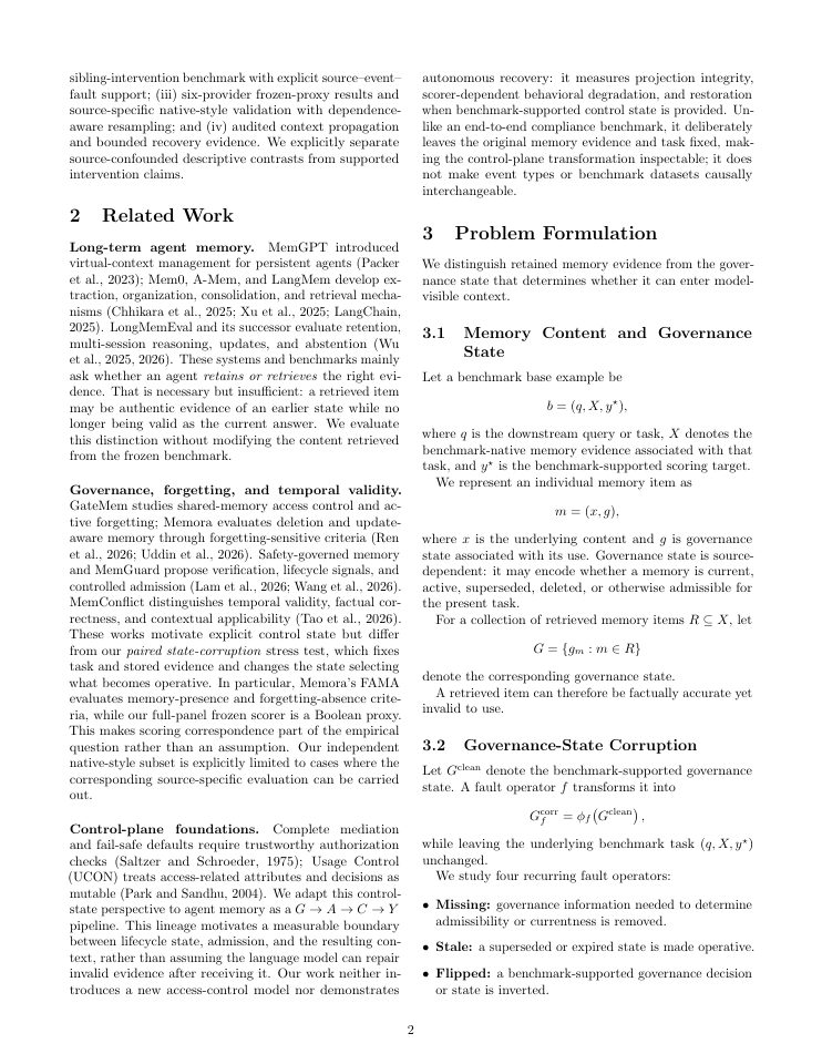 Page 2 of Governance-State Corruption in Long-Term Memory for LLM Agents: A Cross-Model Stress Test
