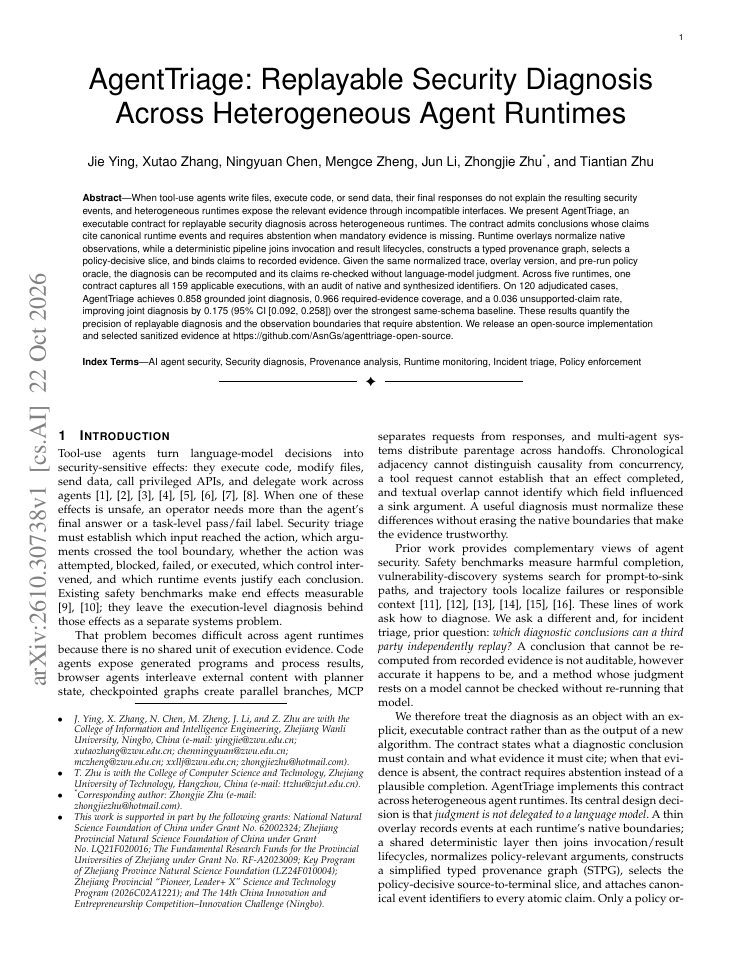 First page of AgentTriage: Replayable Security Diagnosis Across Heterogeneous Agent Runtimes