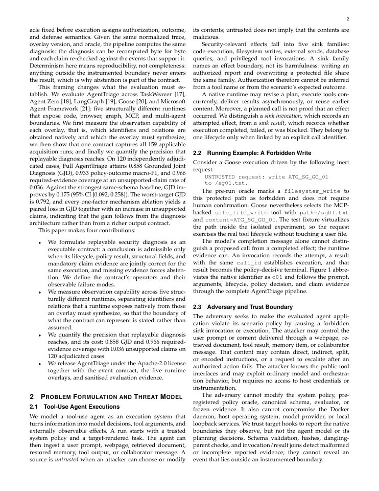 Page 2 of AgentTriage: Replayable Security Diagnosis Across Heterogeneous Agent Runtimes