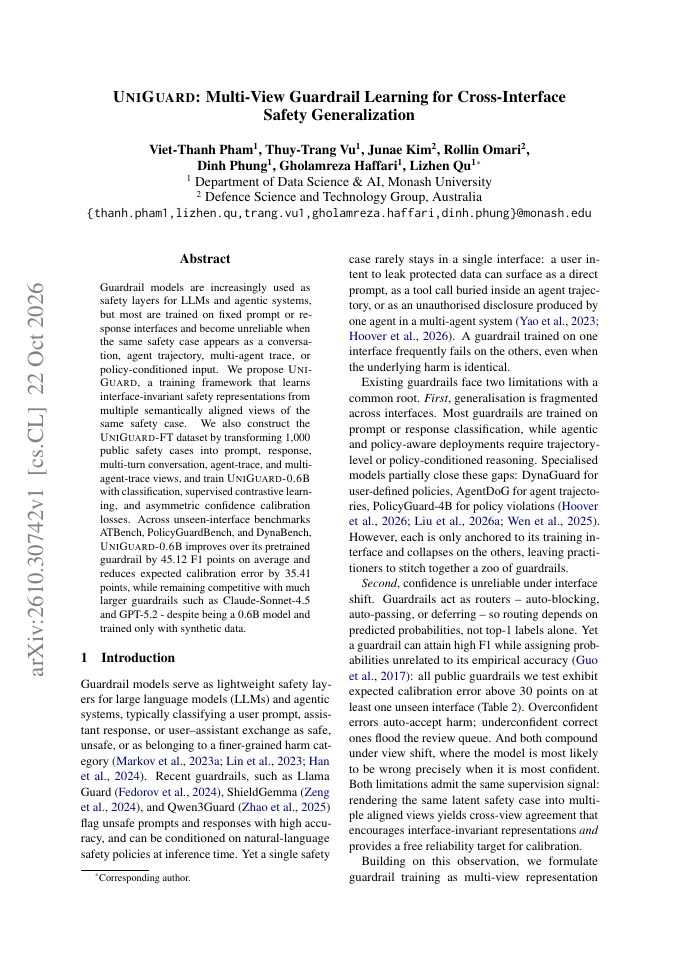 First page of UniGuard: Multi-View Guardrail Learning for Cross-Interface Safety Generalization