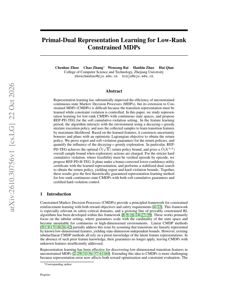 First page of Primal-Dual Representation Learning for Low-Rank Constrained MDPs
