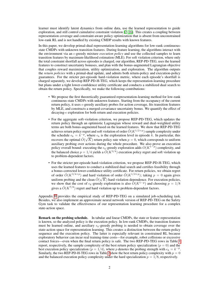 Page 2 of Primal-Dual Representation Learning for Low-Rank Constrained MDPs