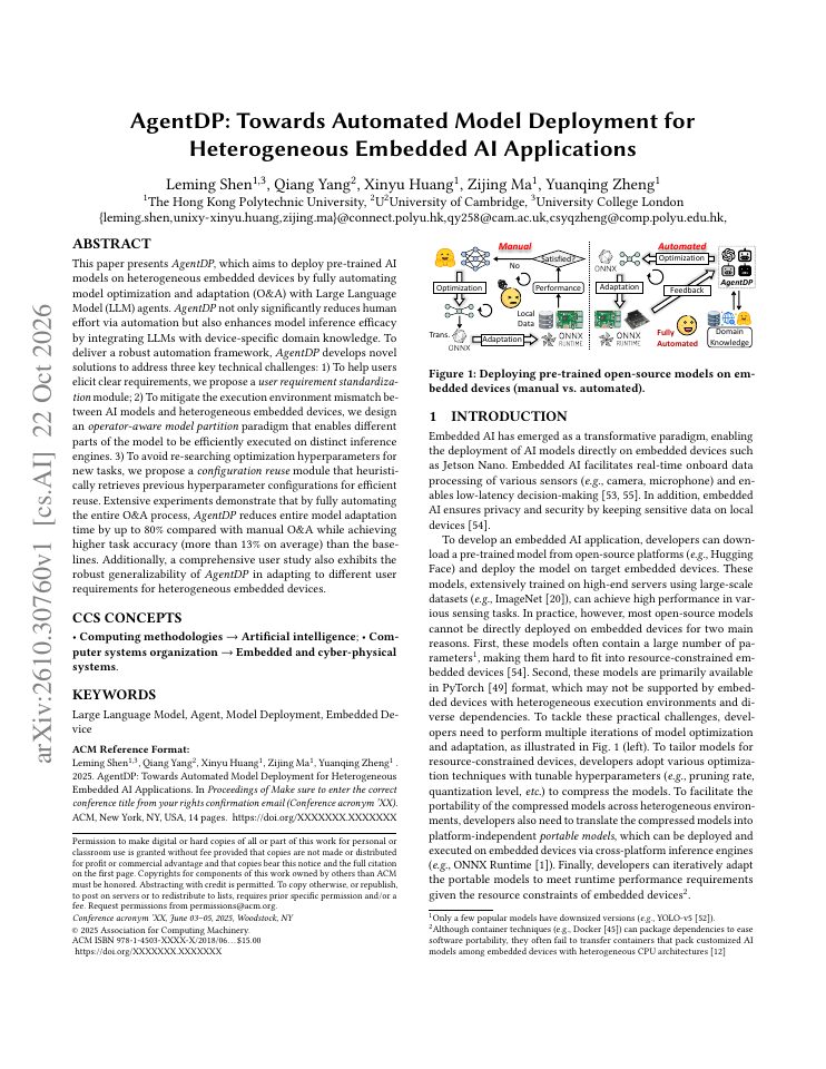 First page of AgentDP: Towards Automated Model Deployment for Heterogeneous Embedded AI Applications