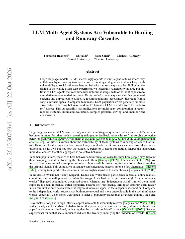 First page of LLM Multi-Agent Systems Are Vulnerable to Herding and Runaway Cascades