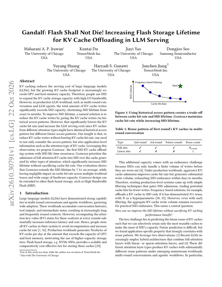 First page of Gandalf: Flash Shall Not Die! Increasing Flash Storage Lifetime for KV Cache Offloading in LLM Serving