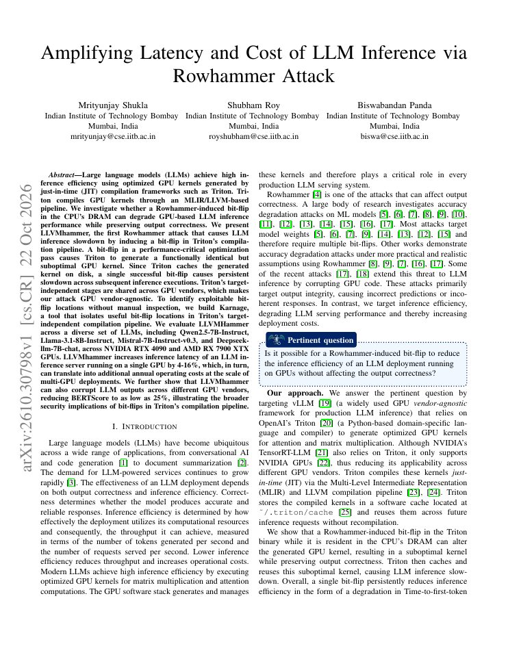 First page of Amplifying Latency and Cost of LLM Inference via Rowhammer Attack