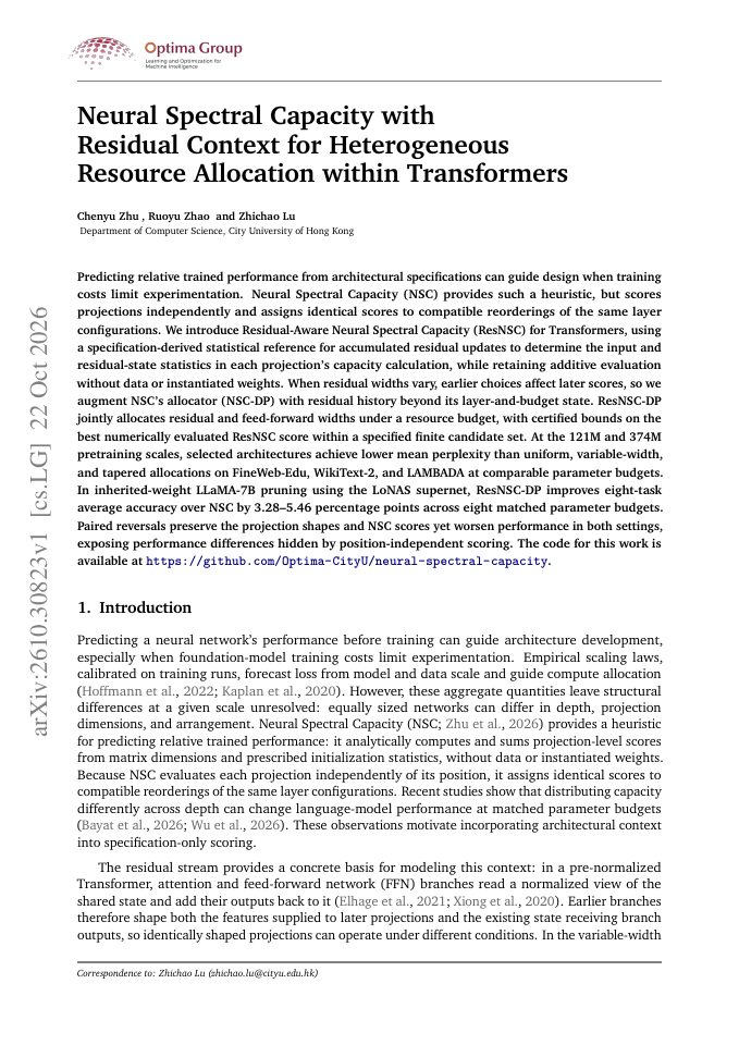 First page of Neural Spectral Capacity with Residual Context for Heterogeneous Resource Allocation within Transformers