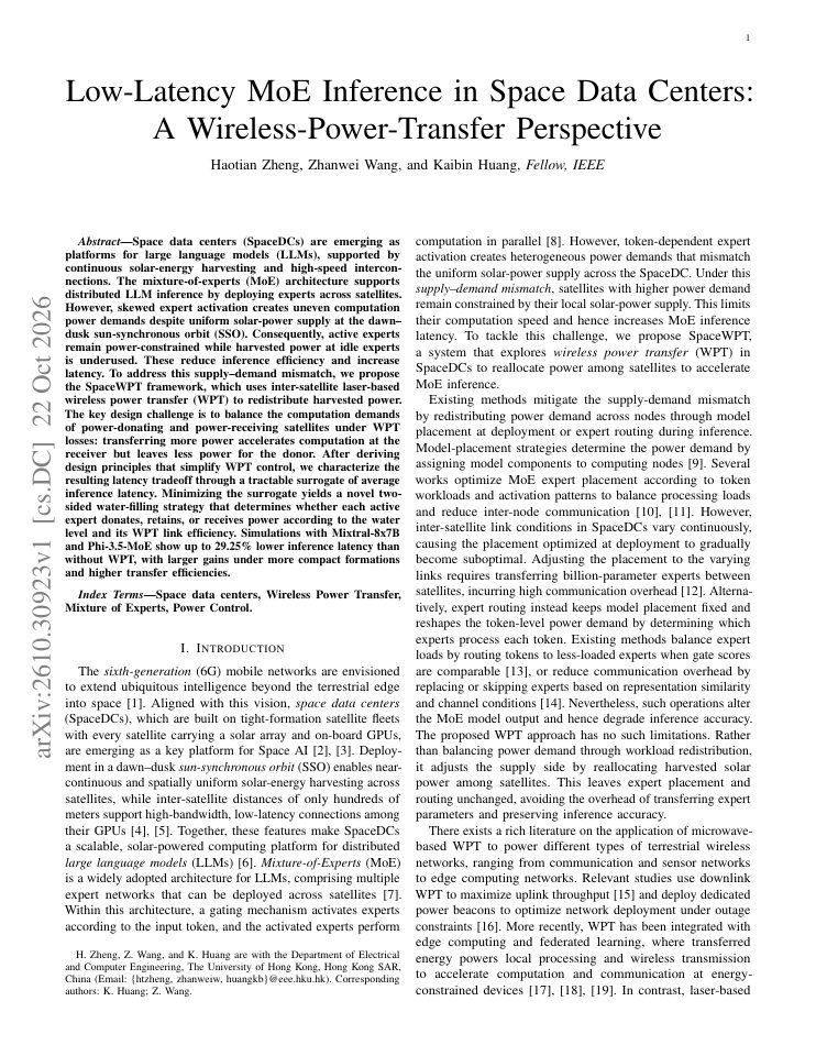 First page of Low-Latency MoE Inference in Space Data Centers: A Wireless-Power-Transfer Perspective