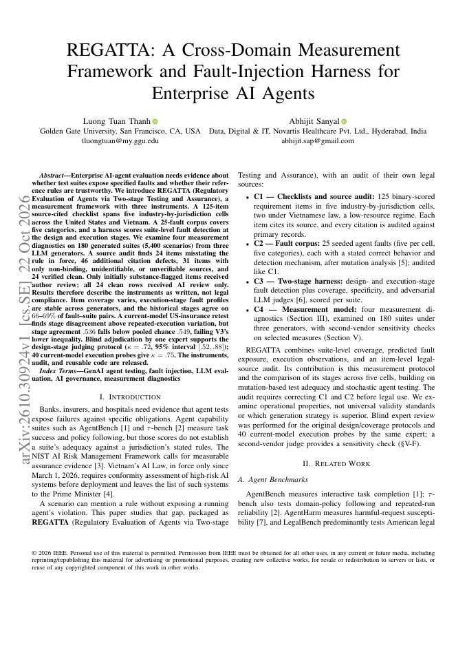 First page of REGATTA: A Cross-Domain Measurement Framework and Fault-Injection Harness for Enterprise AI Agents