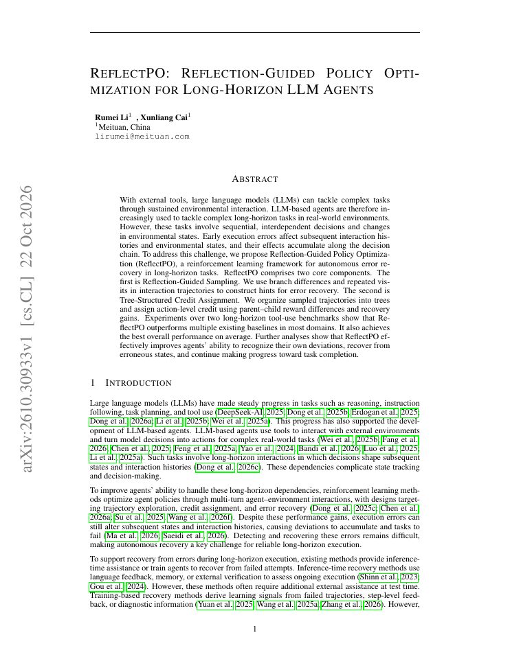 First page of ReflectPO: Reflection-Guided Policy Optimization for Long-Horizon LLM Agents