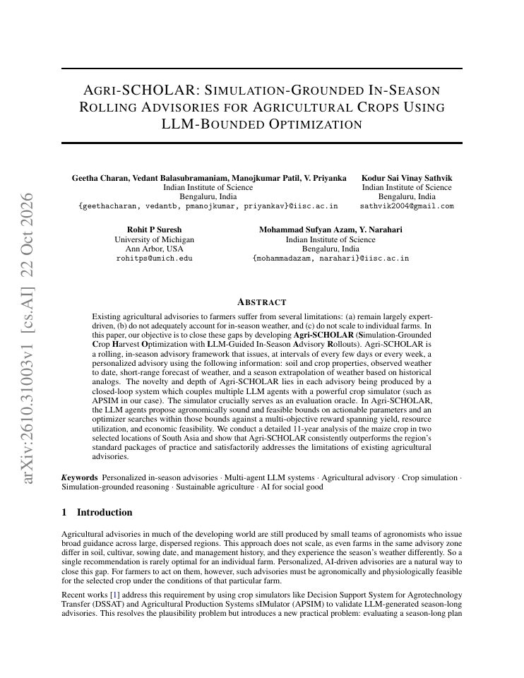 First page of Agri-SCHOLAR: Simulation-Grounded In-Season Rolling Advisories for Agricultural Crops Using LLM-Bounded Optimization