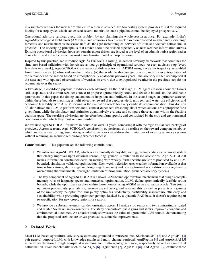 Page 2 of Agri-SCHOLAR: Simulation-Grounded In-Season Rolling Advisories for Agricultural Crops Using LLM-Bounded Optimization
