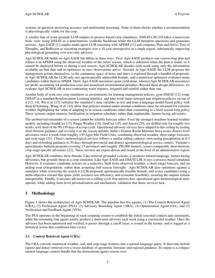 Page 3 of Agri-SCHOLAR: Simulation-Grounded In-Season Rolling Advisories for Agricultural Crops Using LLM-Bounded Optimization