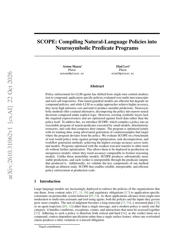 First page of SCOPE: Compiling Natural-Language Policies into Neurosymbolic Predicate Programs