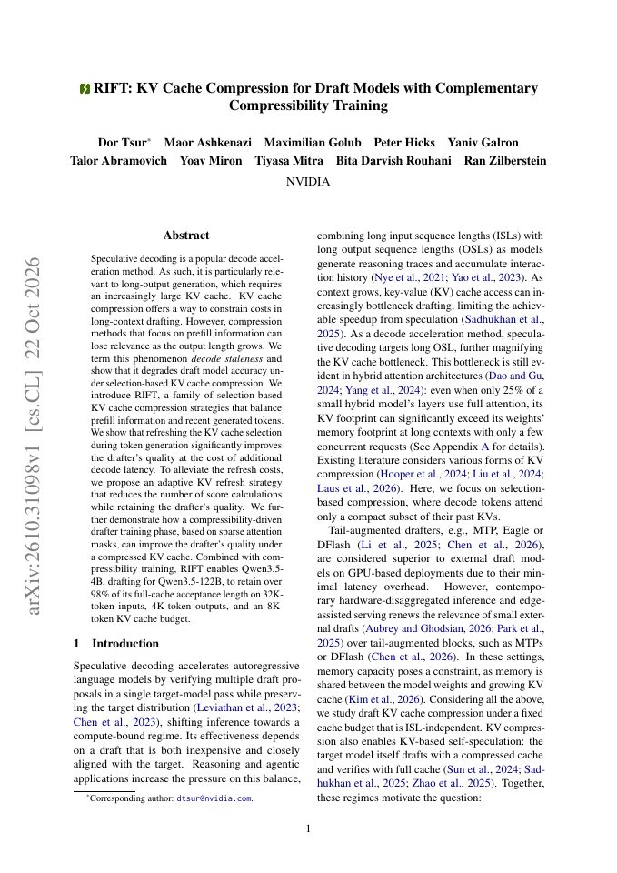 First page of RIFT: KV Cache Compression for Draft Models with Complementary Compressibility Training