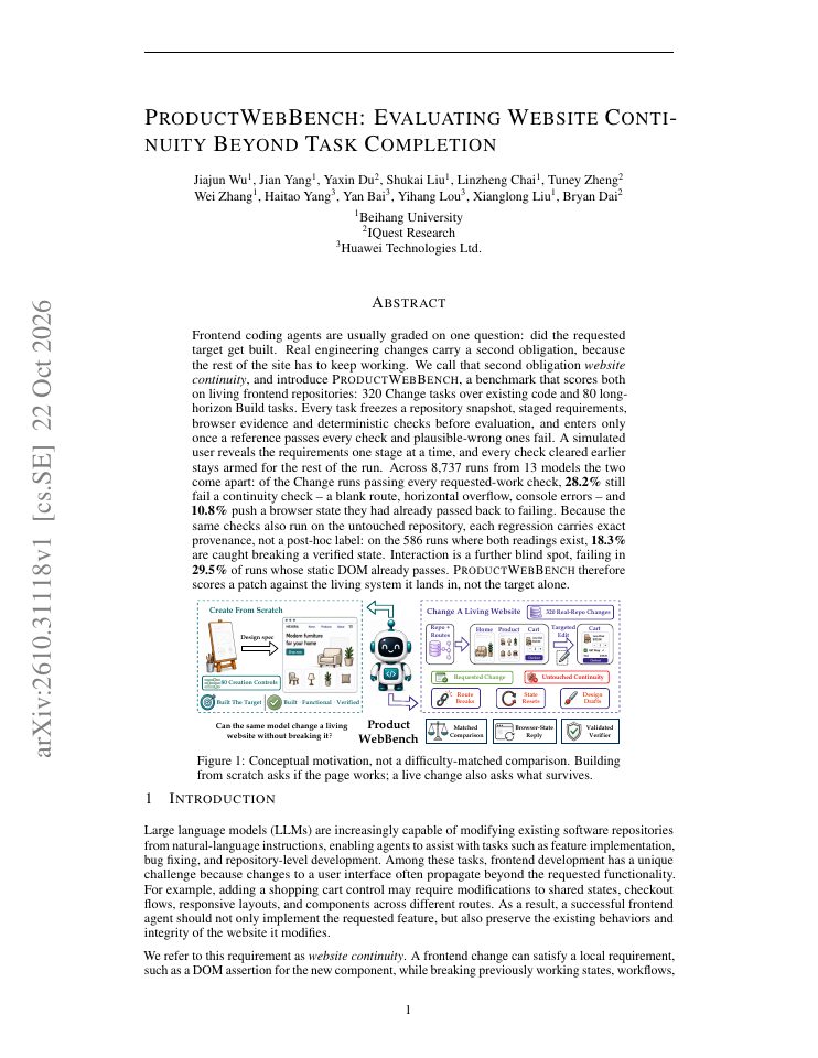 First page of ProductWebBench: Evaluating Website Continuity Beyond Task Completion