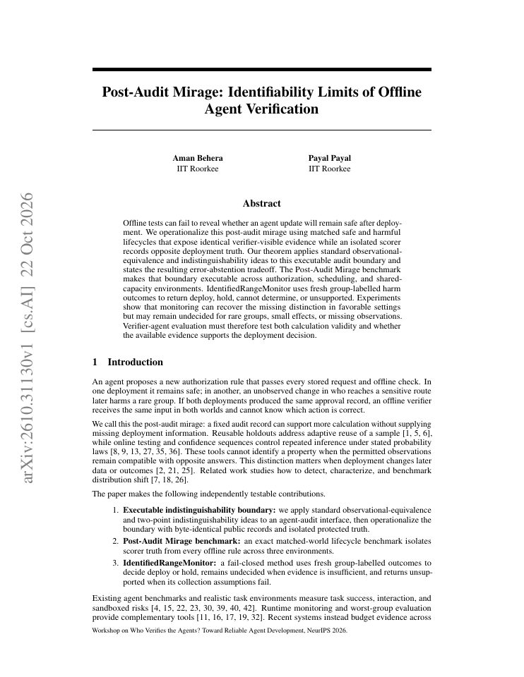 First page of Post-Audit Mirage: Identifiability Limits of Offline Agent Verification