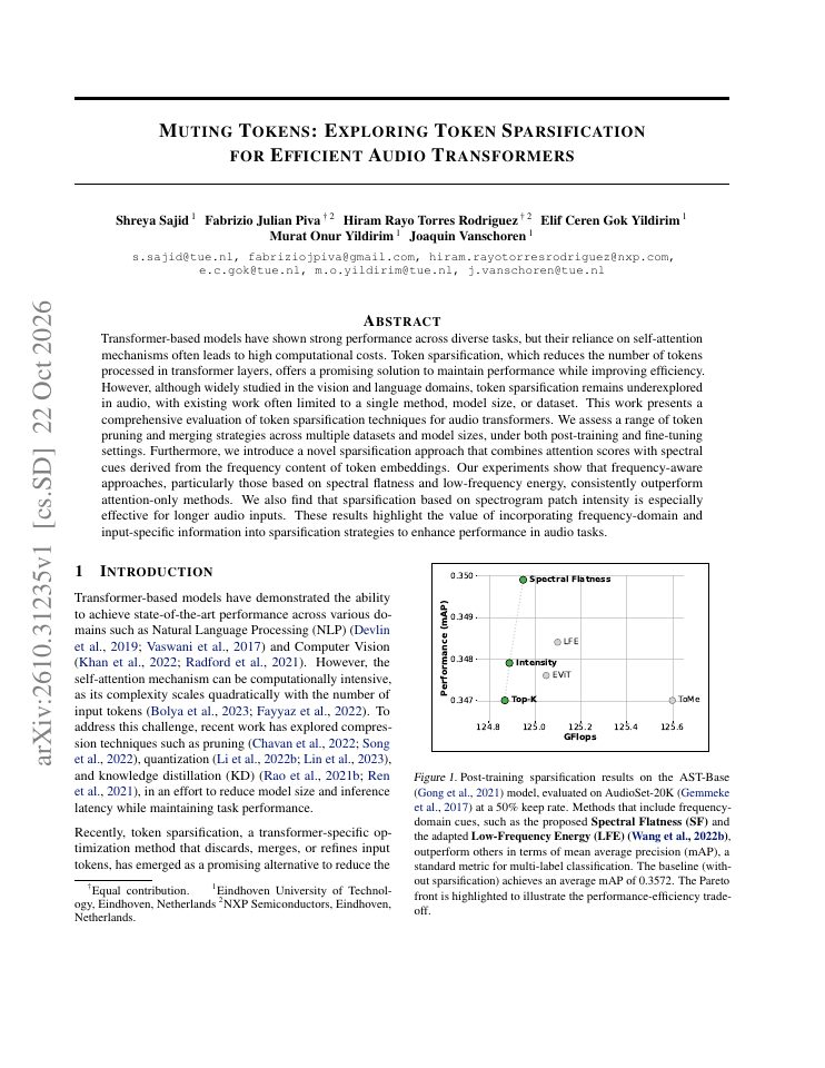 First page of Muting Tokens: Exploring Token Sparsification for Efficient Audio Transformers