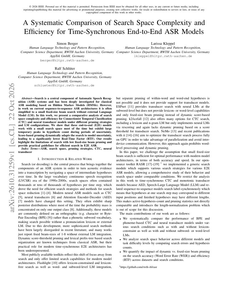 First page of A Systematic Comparison of Search Space Complexity and Efficiency for Time-Synchronous End-to-End ASR Models