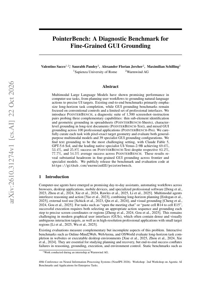 First page of PointerBench: A Diagnostic Benchmark for Fine-Grained GUI Grounding