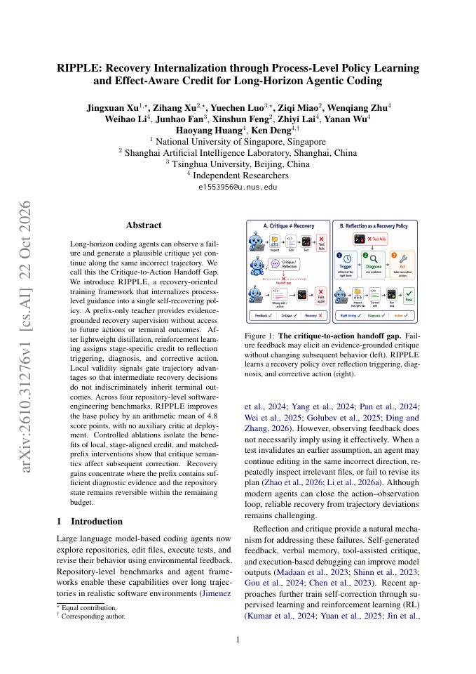 First page of RIPPLE: Recovery Internalization through Process-Level Policy Learning and Effect-Aware Credit for Long-Horizon Agentic Coding