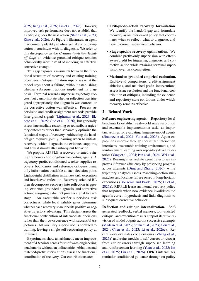 Page 2 of RIPPLE: Recovery Internalization through Process-Level Policy Learning and Effect-Aware Credit for Long-Horizon Agentic Coding