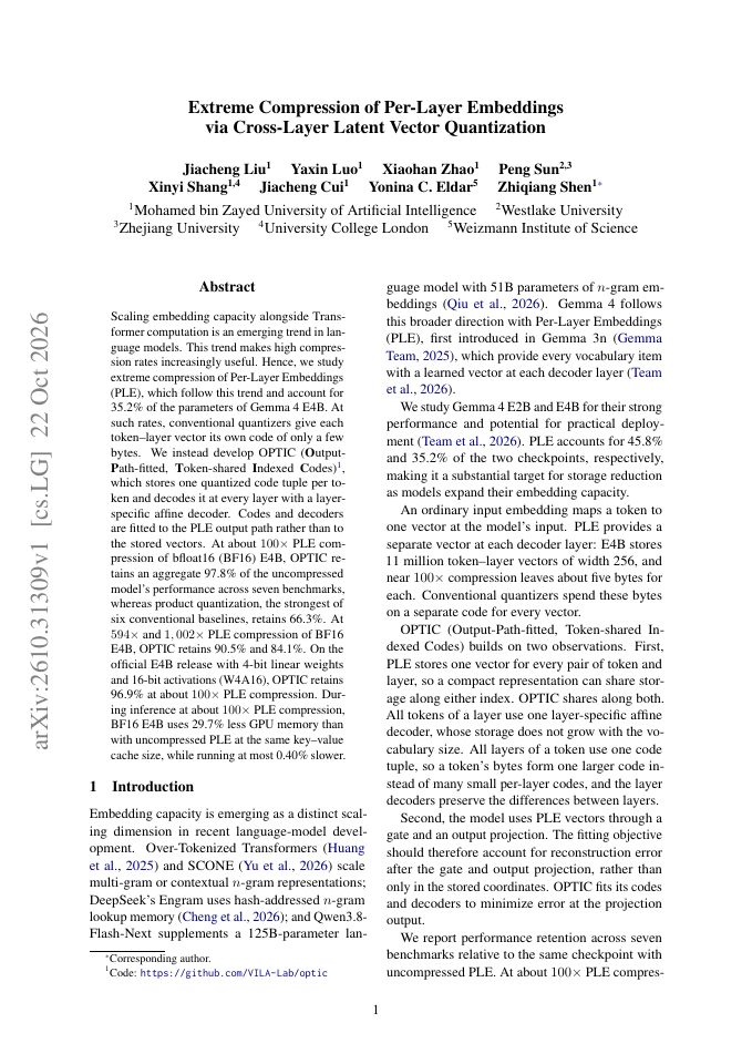 First page of Extreme Compression of Per-Layer Embeddings via Cross-Layer Latent Vector Quantization