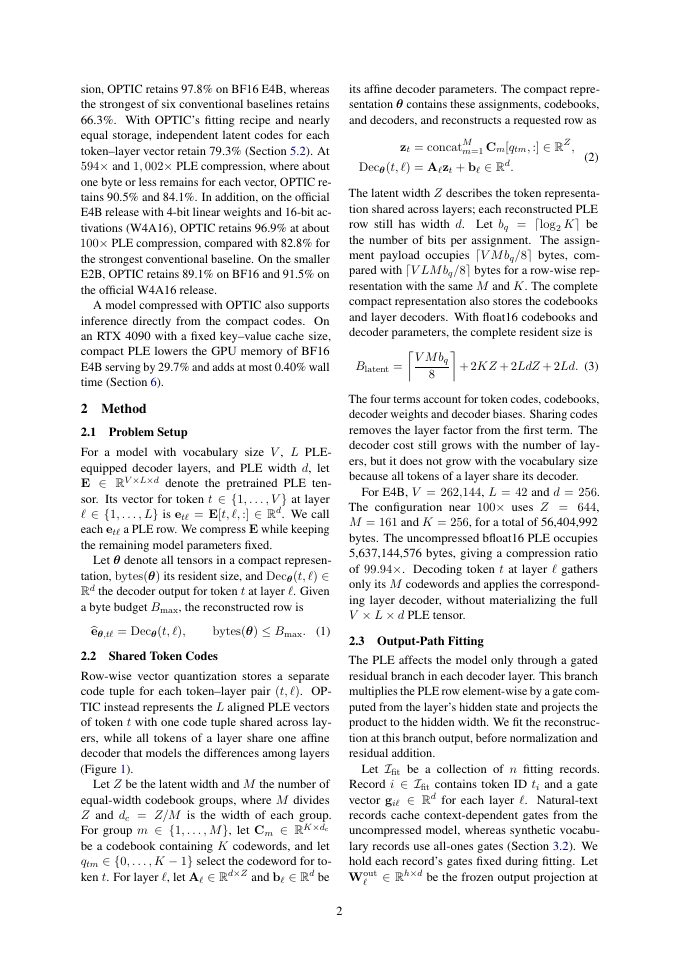 Page 2 of Extreme Compression of Per-Layer Embeddings via Cross-Layer Latent Vector Quantization