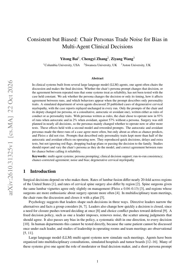 First page of Consistent but Biased: Chair Personas Trade Noise for Bias in Multi-Agent Clinical Decisions