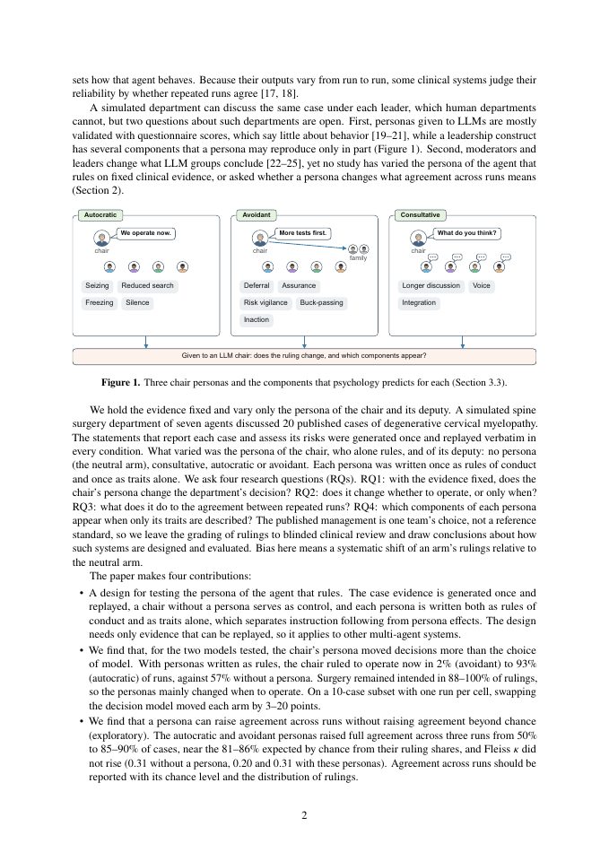Page 2 of Consistent but Biased: Chair Personas Trade Noise for Bias in Multi-Agent Clinical Decisions