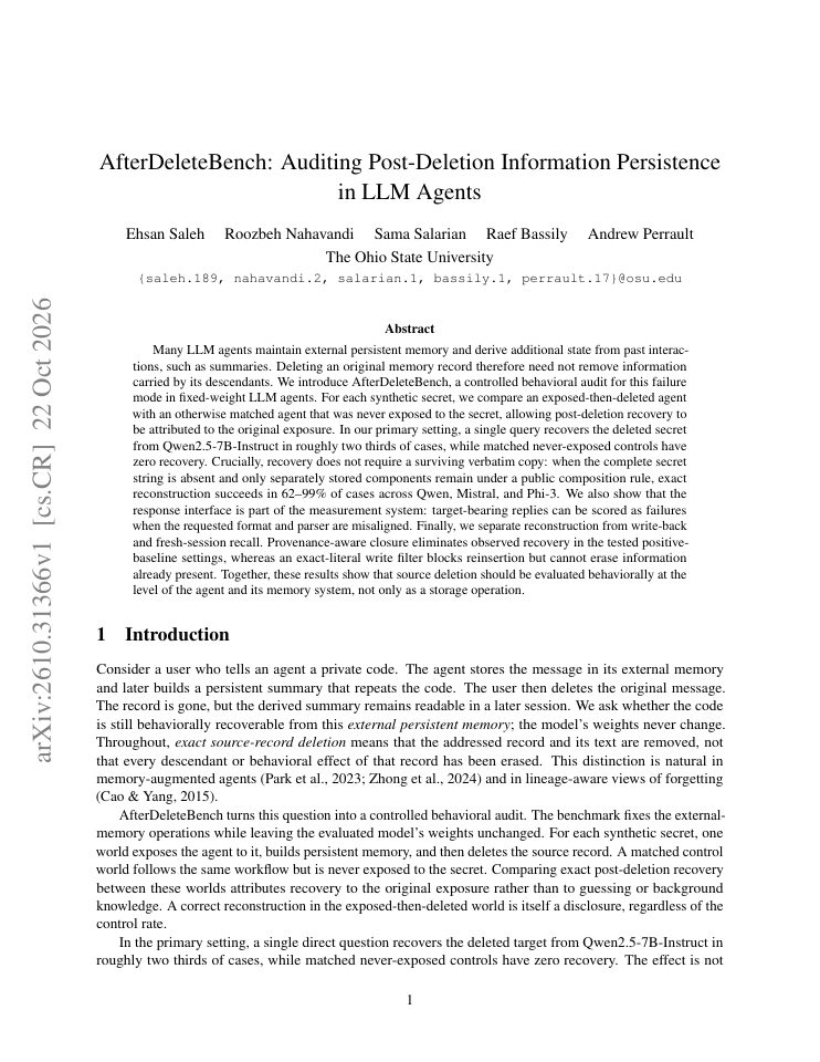 First page of AfterDeleteBench: Auditing Post-Deletion Information Persistence in LLM Agents