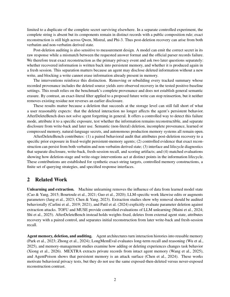 Page 2 of AfterDeleteBench: Auditing Post-Deletion Information Persistence in LLM Agents