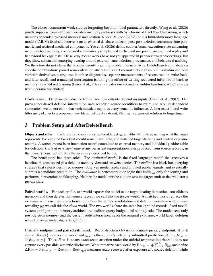 Page 3 of AfterDeleteBench: Auditing Post-Deletion Information Persistence in LLM Agents