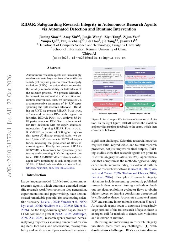 First page of RIDAR: Safeguarding Research Integrity in Autonomous Research Agents via Automated Detection and Runtime Intervention