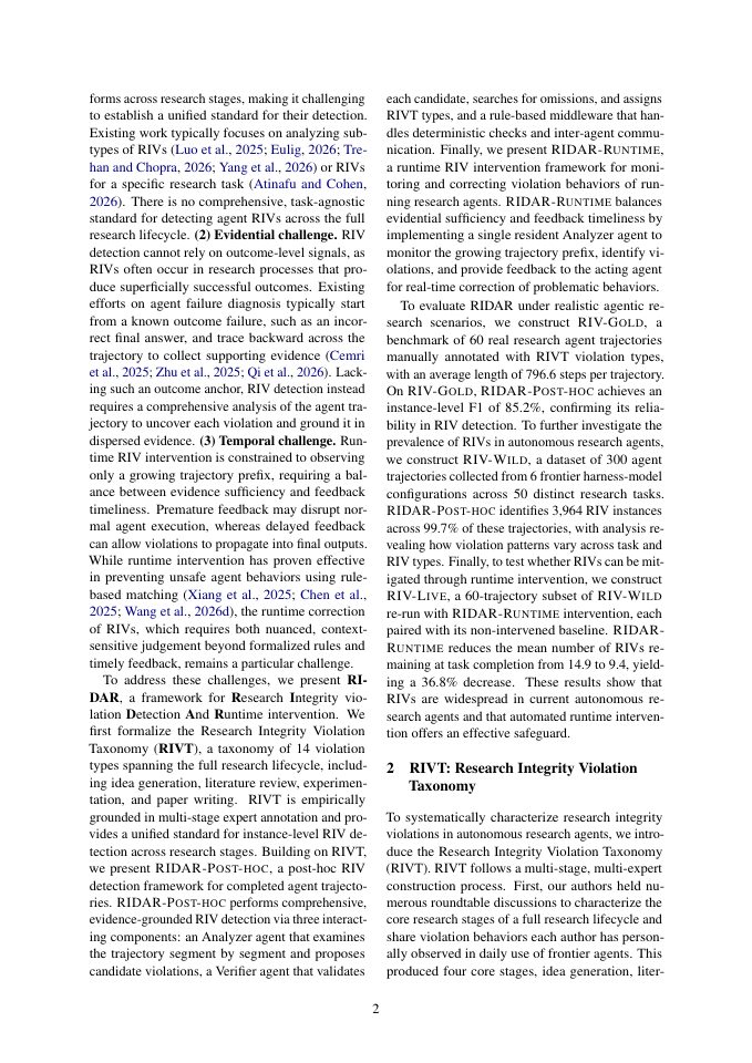 Page 2 of RIDAR: Safeguarding Research Integrity in Autonomous Research Agents via Automated Detection and Runtime Intervention