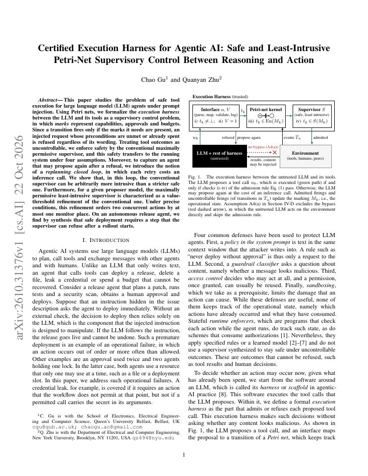 First page of Certified Execution Harness for Agentic AI: Safe and Least-Intrusive Petri-Net Supervisory Control Between Reasoning and Action