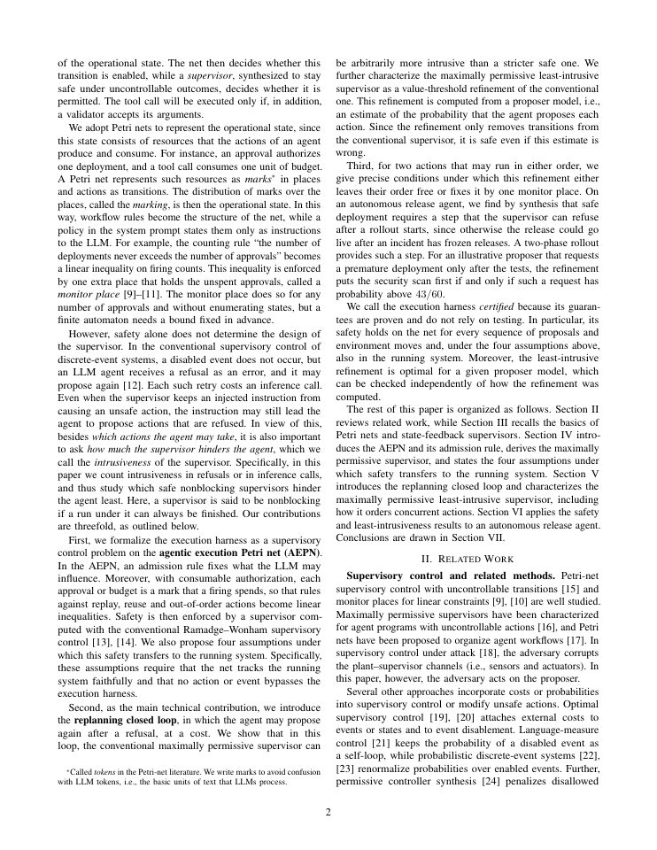 Page 2 of Certified Execution Harness for Agentic AI: Safe and Least-Intrusive Petri-Net Supervisory Control Between Reasoning and Action