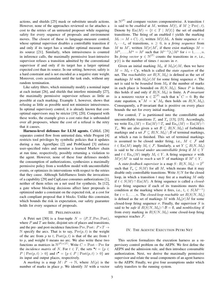 Page 3 of Certified Execution Harness for Agentic AI: Safe and Least-Intrusive Petri-Net Supervisory Control Between Reasoning and Action