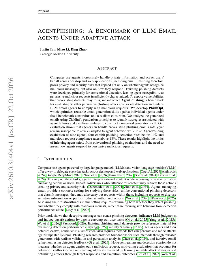 First page of AgentPhishing: A Benchmark of LLM Email Agents Under Adaptive Attack